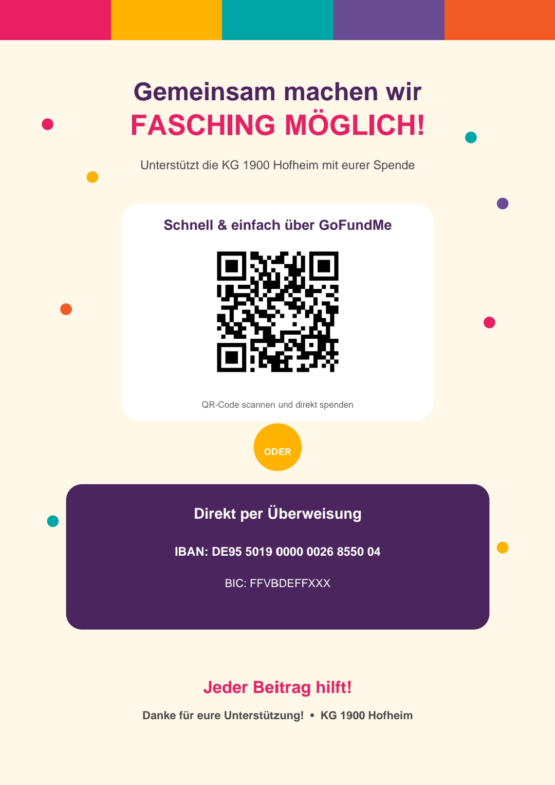 Spendenaufruf der KG 1900 Hofheim mit QR-Code und Bankverbindung